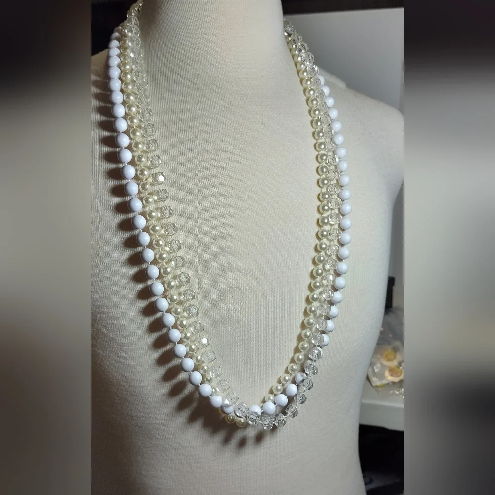 Layered Pearl White and Clear Strands Beaded Necklace Nwot